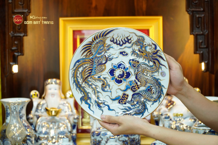 [Set Hào Gia] Bộ Đồ Thờ Thần Tài Thổ Địa Men Lam Nổi Vẽ Vàng (14 món)