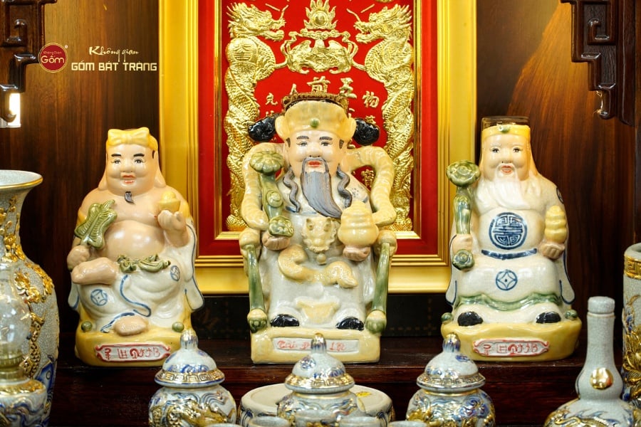 [Set Hào Gia] Bộ Đồ Thờ Thần Tài Thổ Địa Men Rạn Vẽ Vàng (14 món)