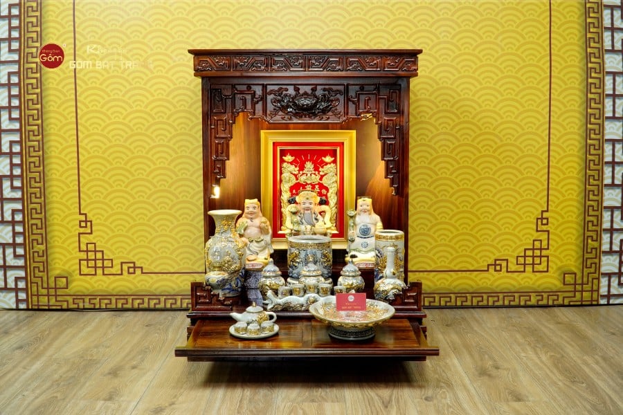 [Set Hào Gia] Bộ Đồ Thờ Thần Tài Thổ Địa Men Rạn Vẽ Vàng (14 món)