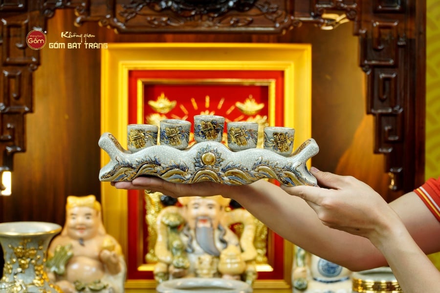 [Set Hào Gia] Bộ Đồ Thờ Thần Tài Thổ Địa Men Rạn Vẽ Vàng (14 món)