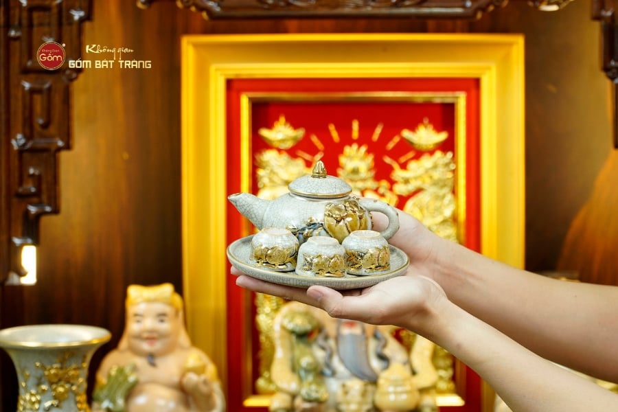 [Set Hào Gia] Bộ Đồ Thờ Thần Tài Thổ Địa Men Rạn Vẽ Vàng (14 món)