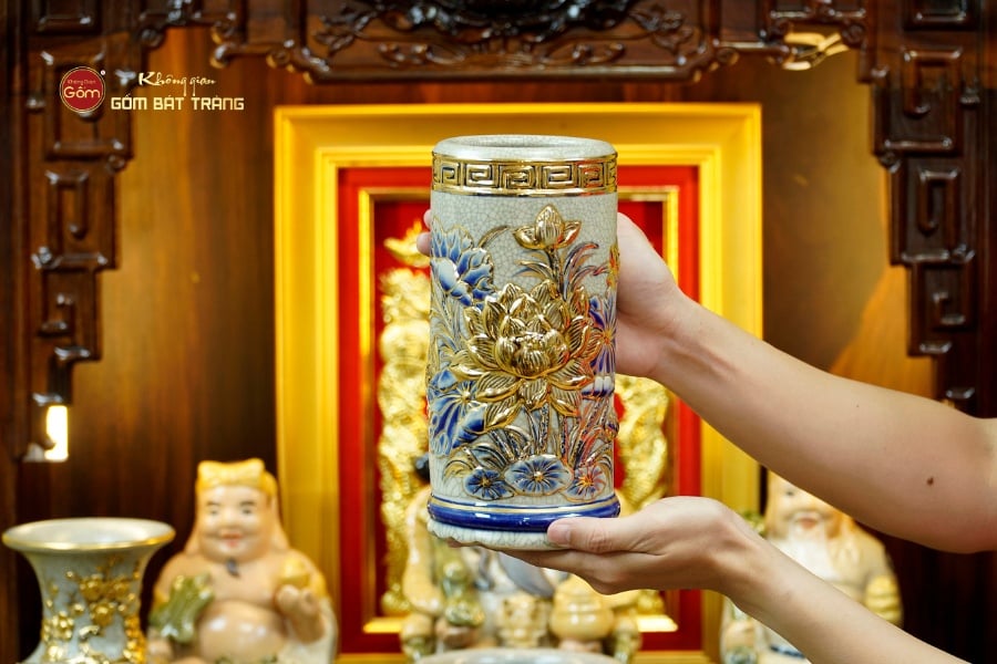 [Set Hào Gia] Bộ Đồ Thờ Thần Tài Thổ Địa Men Rạn Vẽ Vàng (14 món)