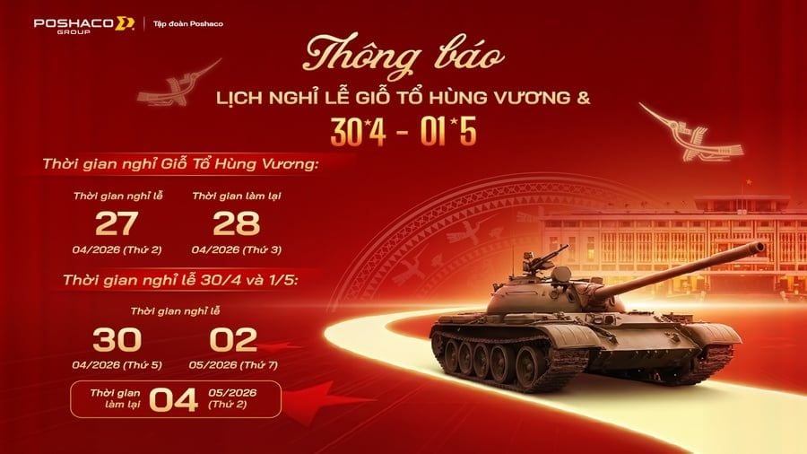 POSHACO THÔNG BÁO LỊCH NGHỈ LỄ GIỖ TỔ HÙNG VƯƠNG & 30/4 – 1/5 NĂM 2026