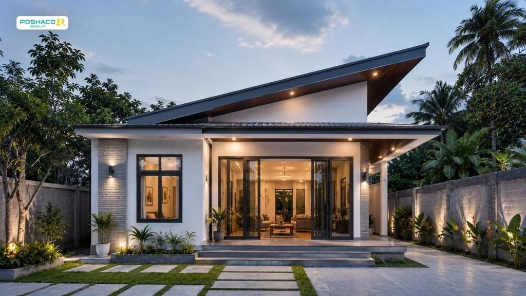 Mẫu Nhà Cấp 4 Đẹp 5x20 Mái Tôn lệch.