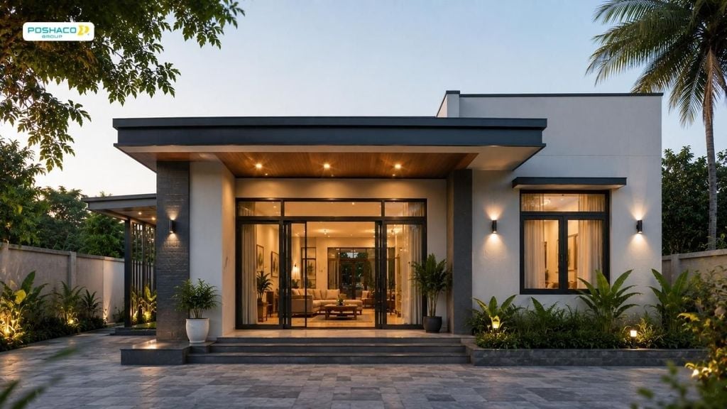 Mẫu Nhà Cấp 4 Đẹp 5x20 Mái bằng giấu tôn