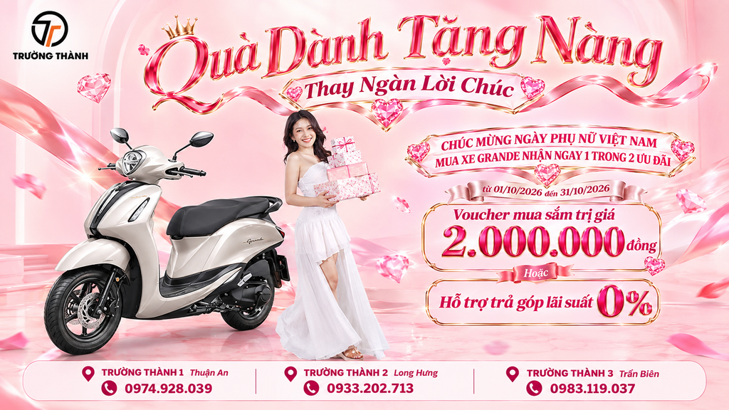 Mua Yamaha Grande nhận ngay ưu đãi phiếu quà tặng mua hàng hoặc trả góp lãi suất 0% cho Tháng 10 đầy yêu thương