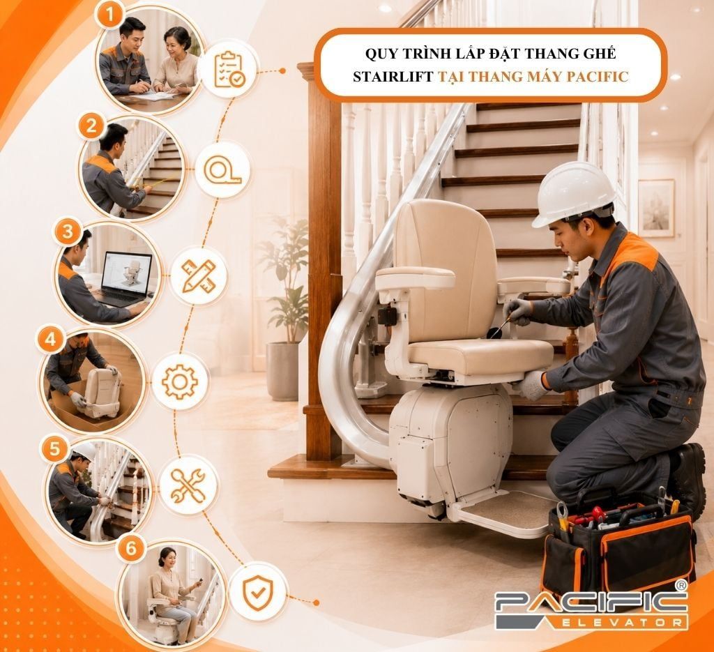 QUY TRÌNH LẮP ĐẶT THANG GHẾ STAIRLIFT TẠI THANG MÁY PACIFIC