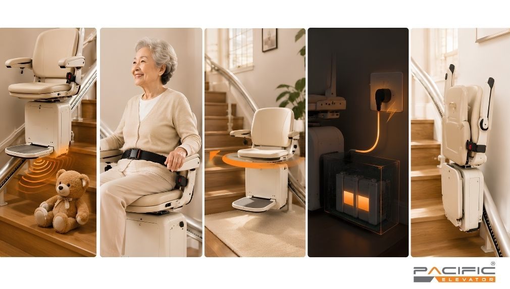 Hình ảnh minh hoạ các tính năng an toàn của thang ghế Stairlift