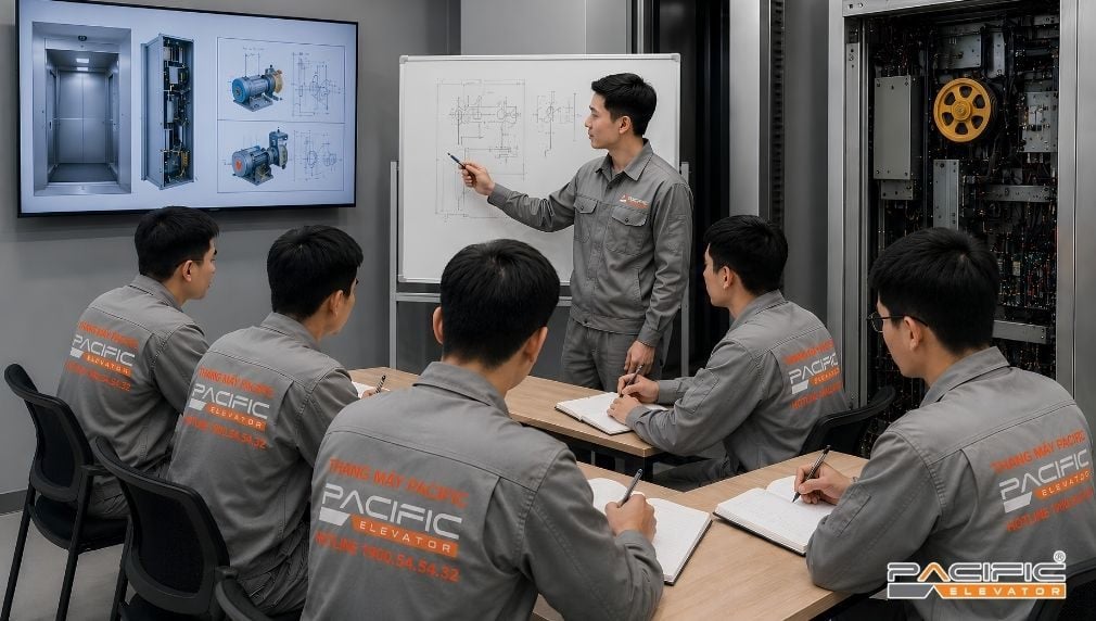 Hình ảnh minh hoạ kỹ thuật viên Thang máy Pacific được đào tạo bài bản thông qua các buổi tập huấn nâng cao kiến thức chuyên môn