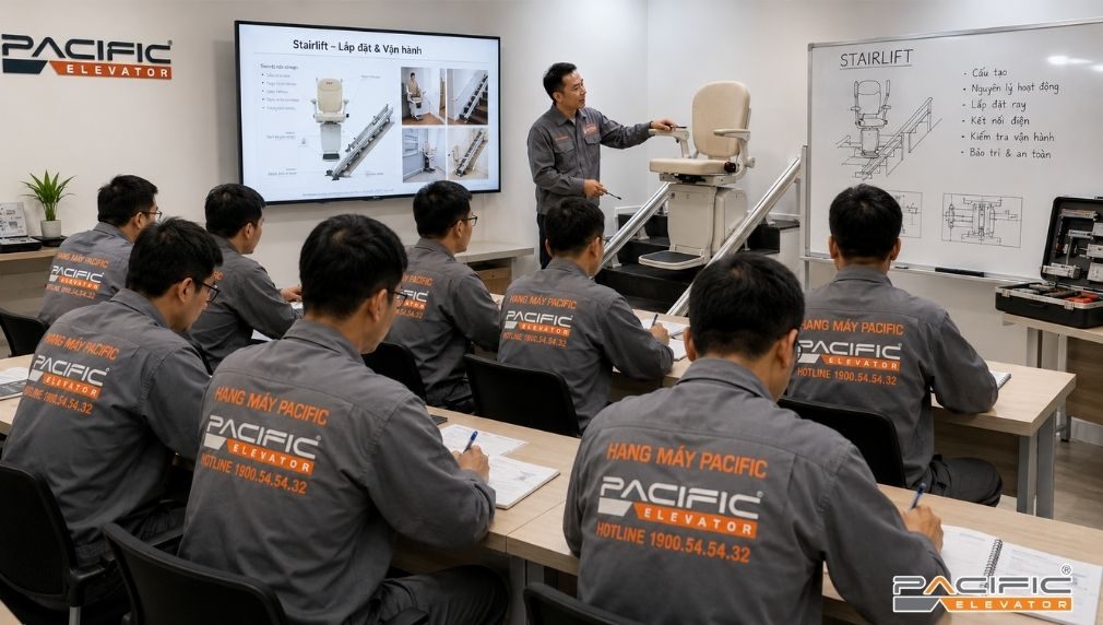 Hình ảnh minh hoạ nhân viên kỹ thuật thang máy Pacific tham gia buổi rèn luyện chuyên môn lắp đặt thang ghế Stairlift