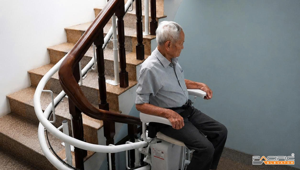 Hình ảnh người cao tuổi sử dụng thang ghế Stairlift Pacific