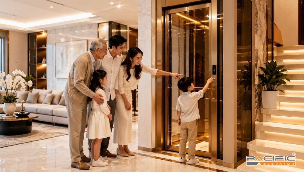 Hình ảnh minh hoạ gia đình hướng dẫn trẻ em sử dụng thang máy