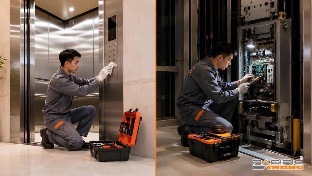 Hình ảnh minh hoạ so sánh việc bảo trì và sửa chữa thang máy