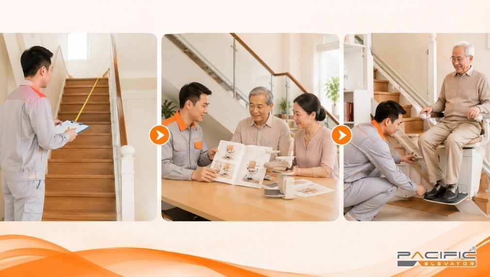 Hình ảnh minh hoạ quy trình lắp đặt thang ghế Stairlift