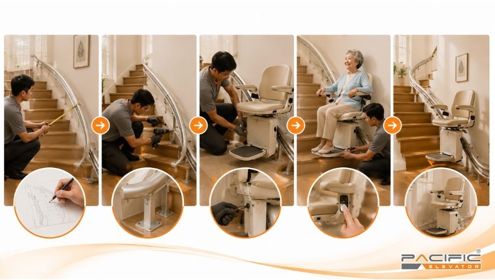 Hình ảnh minh hoạ mô phỏng quy trình lắp đặt thang ghế Stairlift