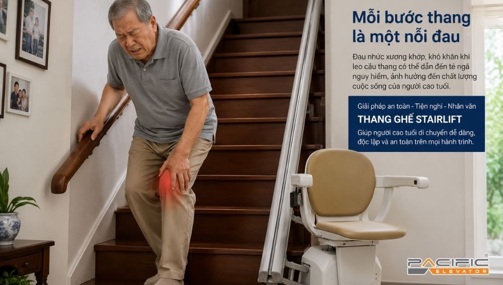 Hình ảnh minh hoạ người cao tuổi đau nhức xương khớp khi di chuyển cầu thang bộ