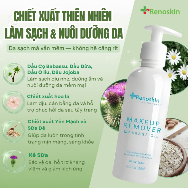 Thành phần dầu tẩy trang Renoskin: dầu Babassu, dầu dừa, dầu ô liu, jojoba, hoa cúc, rau má, cam thảo