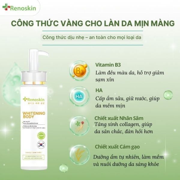 Chiết xuất Nhân Sâm, Cám gạo, HA và Niacinamide trong kem Renoskin Whitening Body giúp nuôi dưỡng da săn chắc và mềm mịn