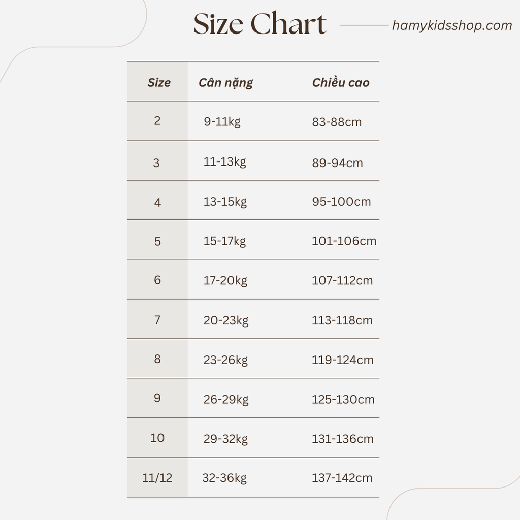 Bảng size set đồ bé gái