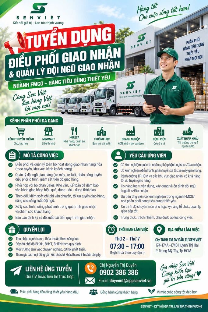 TUYỂN DỤNG ĐIỀU PHỐI GIAO NHẬN & QUẢN LÝ ĐỘI NGŨ GIAO NHẬN