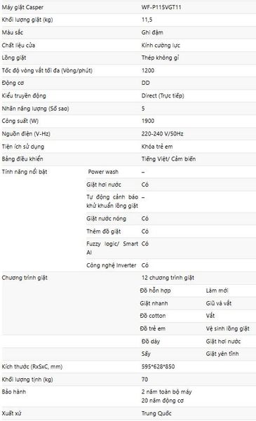 thông số máy giặt Casper WF-P115VGT11