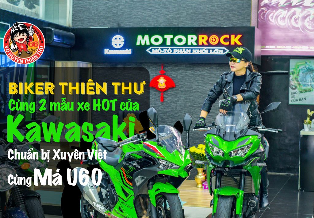 Biker Thiên Thư bên cạnh 2 mẫu xe HOT của Kawasaki chuẩn bị cho chuyến Xuyên Việt cùng với mẹ mình