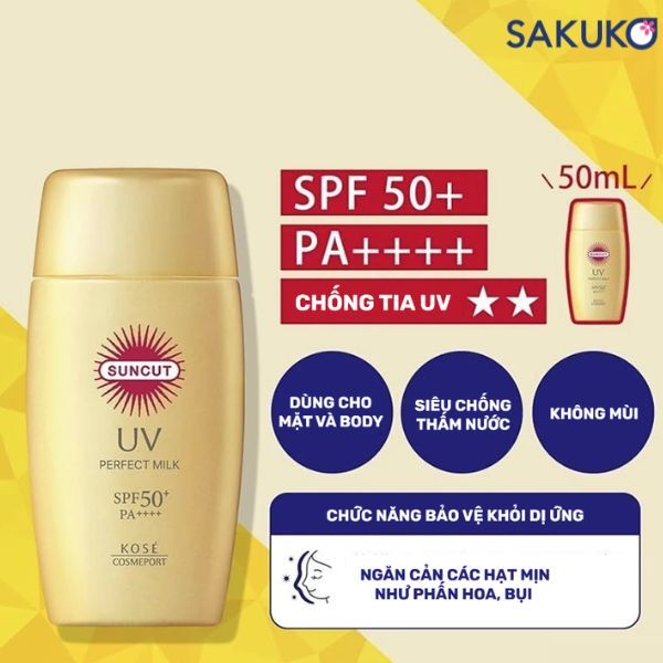 Suncut UV Perfect Milk Super Water Proof SPF50+ PA++++ kháng nước và mồ hôi vượt trội