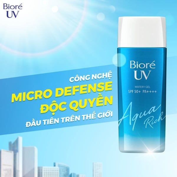 Gel chống nắng Biore vi điểm màng nước 90ml sở hữu chỉ số SPF50+/PA++++ cùng khả năng chống trôi trong nước lên đến 80 phút