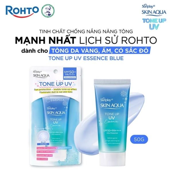 Sunplay Skin Aqua Tone Up UV Essence Blue được đánh giá là nâng tông mạnh dành riêng cho tông da vàng, ẩm và có sắc đỏ