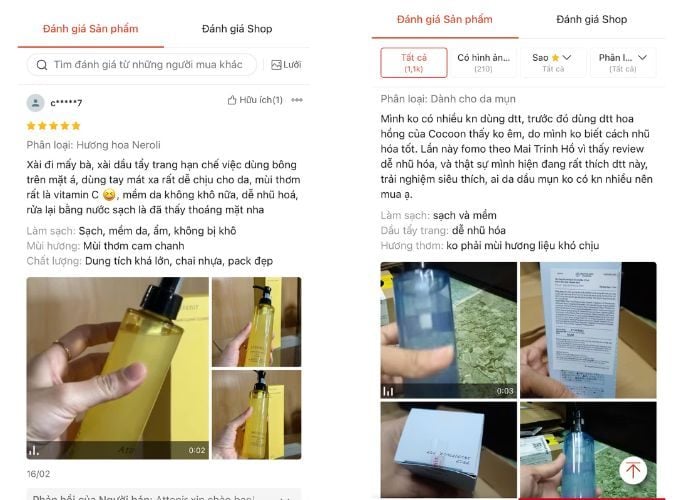 Đánh giá 5 sao kèm những lời khen về khả năng sạch sâu của dầu tẩy trang Attenir trên sàn Shopee