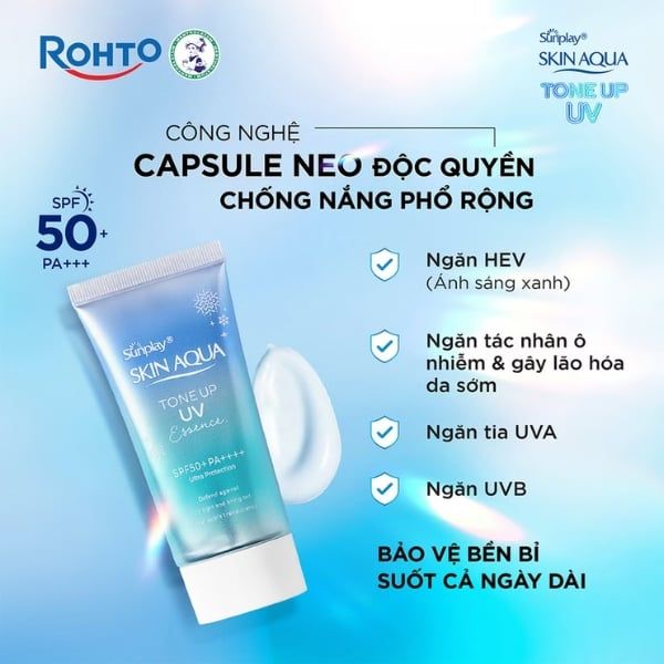Sunplay Skin Aqua Tone Up UV Essence Blue được đánh giá là nâng tông mạnh dành riêng cho tông da vàng, ẩm và có sắc đỏ