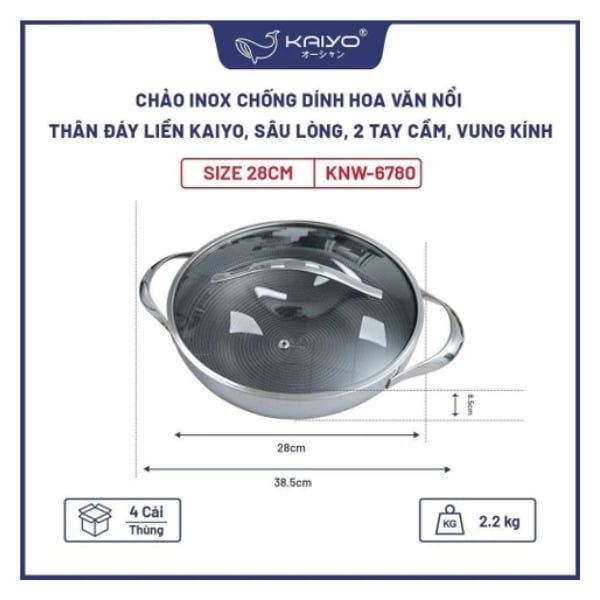 Chảo inox chống dính đáy liền Kaiyo KNW-6780