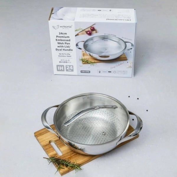 chảo inox tay cầm 24cm có vung kính Kaiyo
