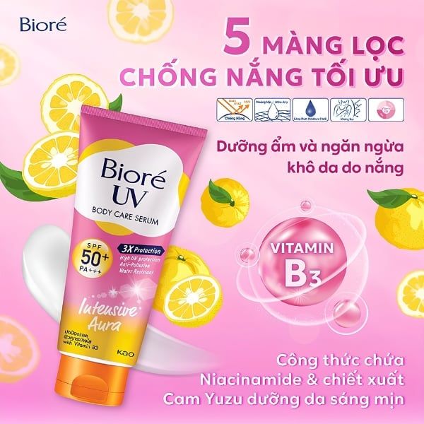 Serum chống nắng body Bioré màu hồng với công nghệ 3X Protection giúp chống nắng, kháng bụi và dưỡng sáng da chuyên sâu