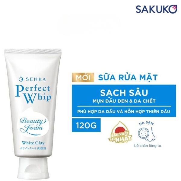 Sữa rửa mặt Senka Perfect White Clay với thành phần đất sét trắng giúp làm sạch sâu mà vẫn giữ độ ẩm cho da
