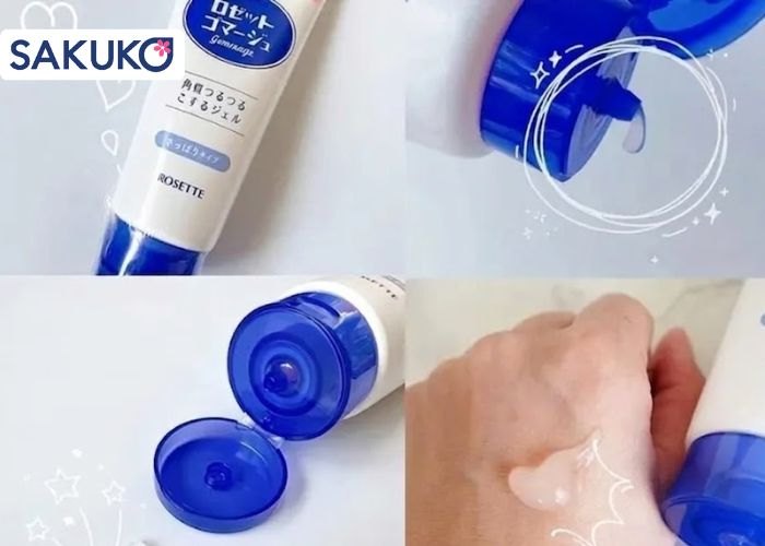 Kết cấu dạng gel trong suốt chuyển sang dạng vụn kỳ êm dịu giúp tẩy tế bào chết màu xanh Rosette làm sạch sâu
