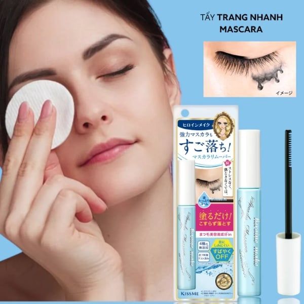 Tẩy sạch lớp mascara chống thấm nước (waterproof) nhanh và dịu nhẹ cùng remover mascara Kissme