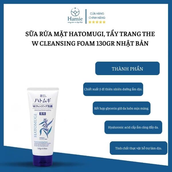 Sữa Rửa Mặt Hatomugi, Tẩy Trang The W Cleansing Foam 130gr Nhật Bản TP