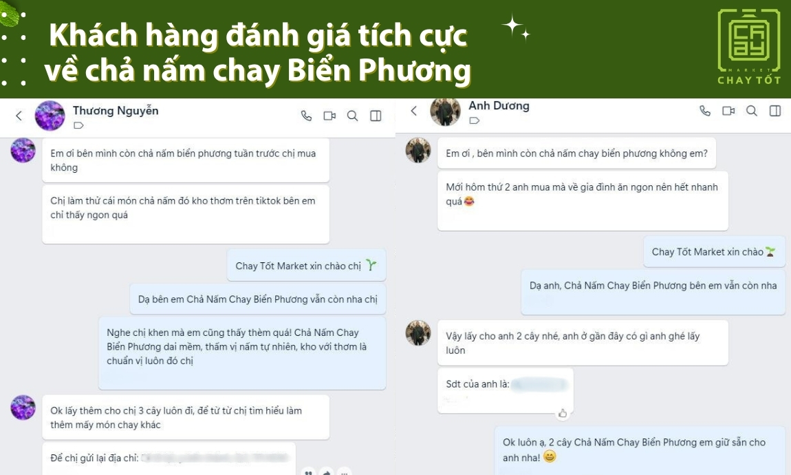 Khách hàng đánh giá tích cực về chả nấm chay Biển Phương