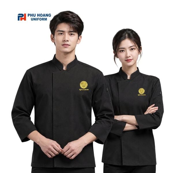 Đội ngũ nam nữ mặc áo bếp đen in&nbsp;logo Kata Garden, mẫu may đồng phục theo yêu cầu