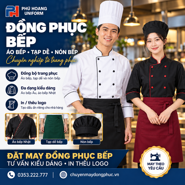 Đồng phục nhà hàng may theo yêu cầu gồm áo bếp, áo phục vụ và tạp dề thêu logo