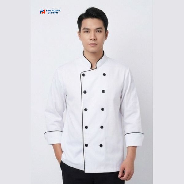 áo bếp trắng viền đen 2 hàng nút tay dài
