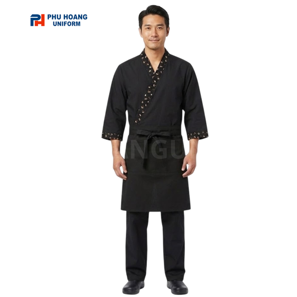 Áo bếp nhật đen phối hoa