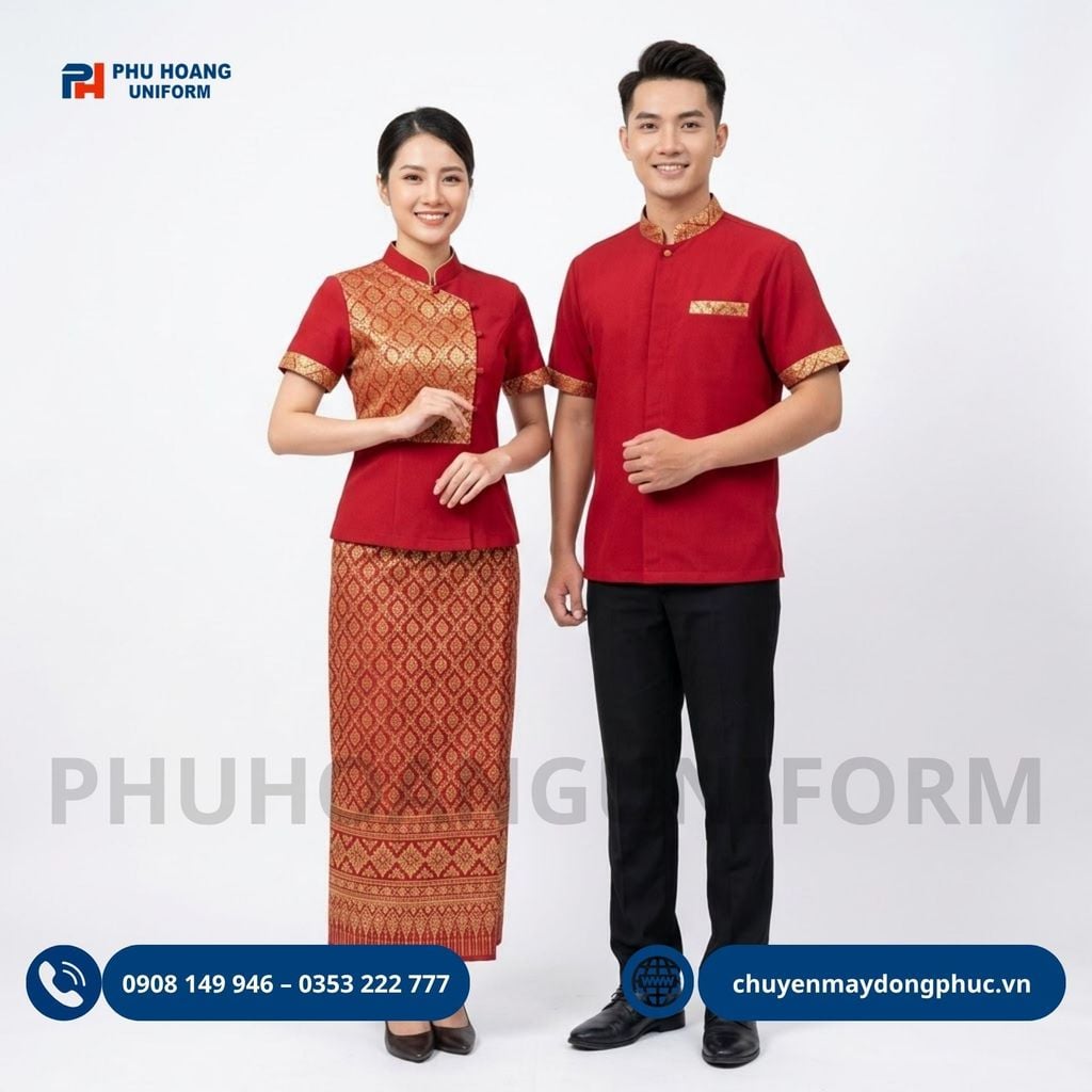 Đồng Phục Nhà Hàng Thái Đỏ Phối Gấm Vàng, Chân Váy Thổ Cẩm