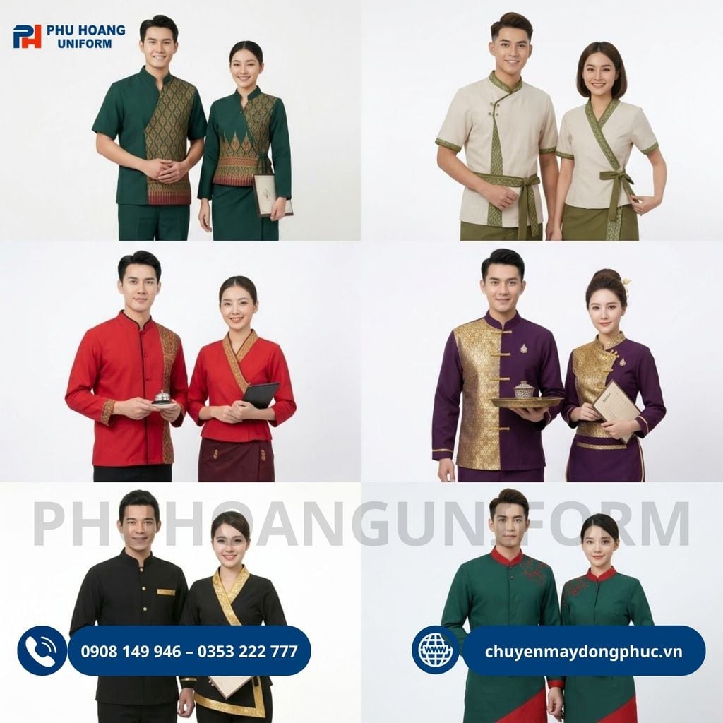 Đồng Phục Nhà Hàng Thái Lan Xanh Rêu Đậm Phối Gấm Họa Tiết Lửa Thái