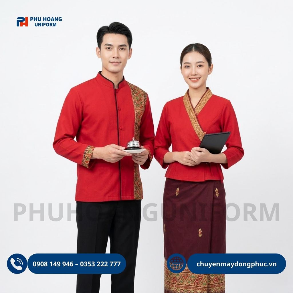Đồng Phục Nhà Hàng Thái Đỏ Phối Gấm Vàng, Chân Váy Thổ Cẩm