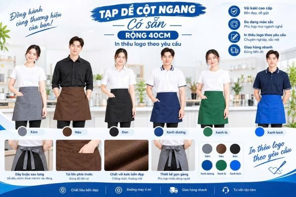 Đồng phục quán cà phê may theo yêu cầu gồm áo polo, nón và tạp dề in logo
