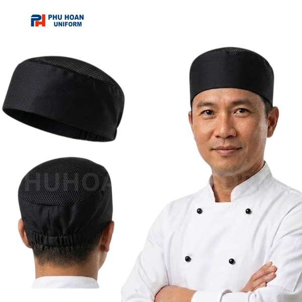 Đầu bếp nam đội nón bếp chóp lưới đen chun sau cao cấp co giãn tốt