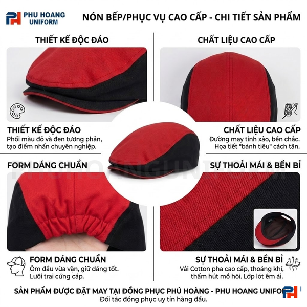 Tính năng chi tiết của nón phục vụ đen viền đỏ từ Phú Hoàng Uniform
