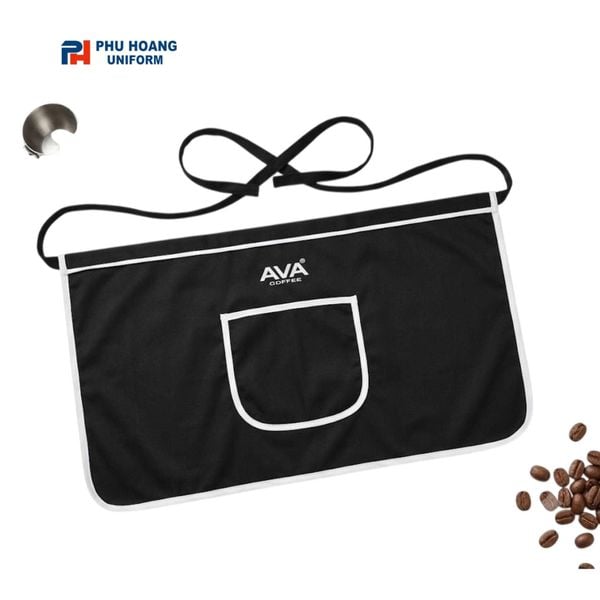 Tạp dề nửa người đen viền trắng thêu logo AVA Coffee, may đồng phục theo yêu cầu cho quán cà phê
